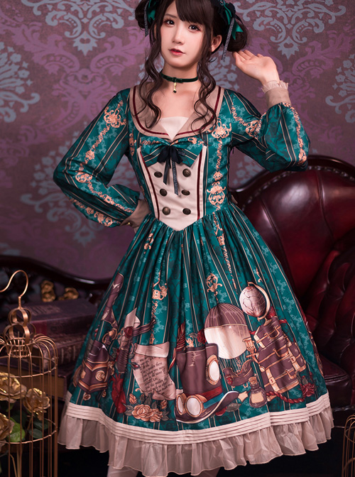 Travelers Series OP Printing Retro Classic Lolita Long Sleeve Dress  |  Classic Lolita Dresses