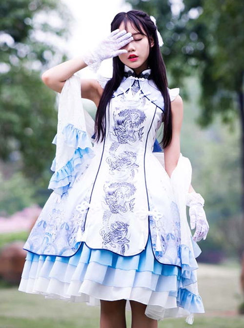 Tsing Lung White Tiger Series White Tiger Chinese Style Classic Qi Lolita Sleeveless Dress And Shawl Set  |  Classic Lolita Dresses