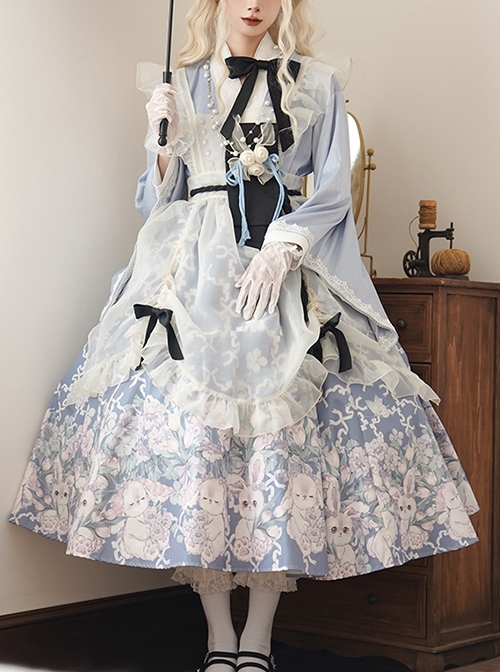 Tsubaki Garden Series Alice Light Blue Japanese Style Bowknot Classic Lolita Yarn Apron Maid Wide Sleeves Printing Dress  |  Classic Lolita Dresses