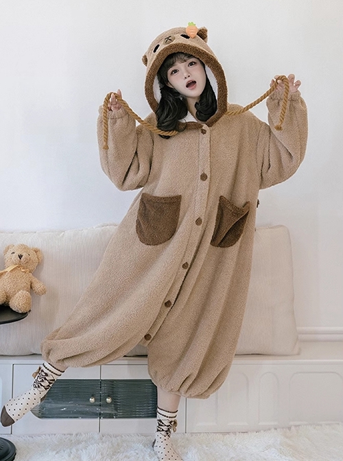 Tuantuan Series Animal Theme Cocoa Brown Cartoon Alpaca Hooded Round Buttons Loose Jumpsuit Soft Warm Sweet Lolita Homewear  |  Coat & Jacket