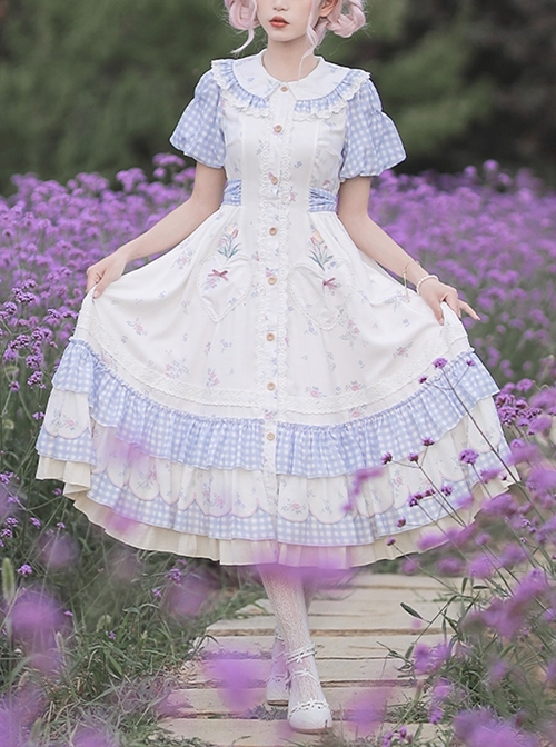 Tulip Bouquet Series Pastoral Style Doll Collar Lace Floral Plaid Lantern Sleeve Classic Lolita Short-Sleeved Dress  |  Classic Lolita Dresses