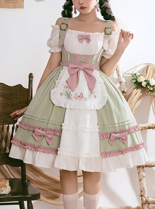 Tulip Garden Series Spring Small Fresh Tulip Embroidery Lacing Sweet Lolita Sleeveless Dress Set  |  Sweet Lolita Dresses