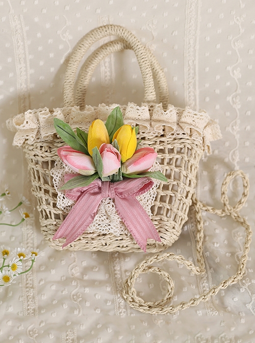 Tulip Lace Garden-Style Bow Knot Decoration Classic Lolita Straw Weave Bag  |  Lolita Bags