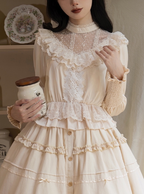 Twilight Series V-Neck Ruffled Mesh Lace Elegant Romantic Daily Palace Apricot Lamb Leg Sleeves Satin Classic Lolita Shirt  |  Blouses