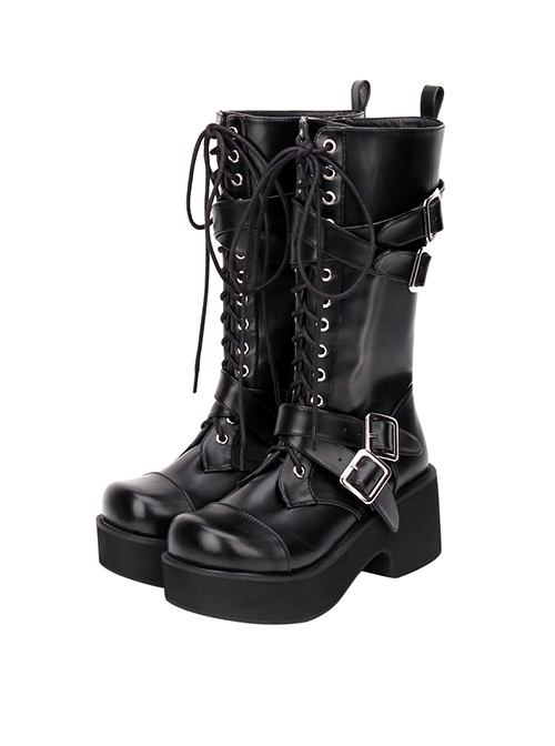 Versatile Daily Black Cool Punk Style Ouji Fashion Thick Bottom Tie Shoelaces Long Knight Boots  |  Gothic & Punk Footwear