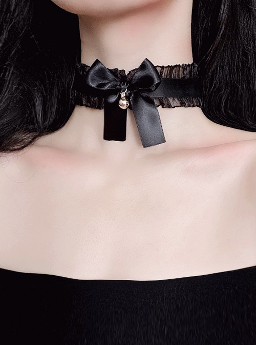 Versatile Handmade Silk Yarn Ruffle Black Satin Ribbon Bowknot Little Bell Choker Gothic Lolita Necklace  |  Lolita Necklaces