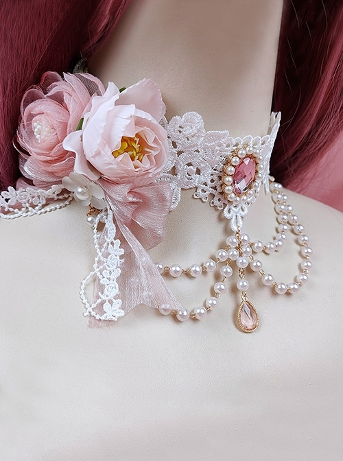 Versatile Lace Flower Fairy Simulated Rose Wedding pearl chain crystal jewelry classic Lolita Necklace  |  Lolita Necklaces