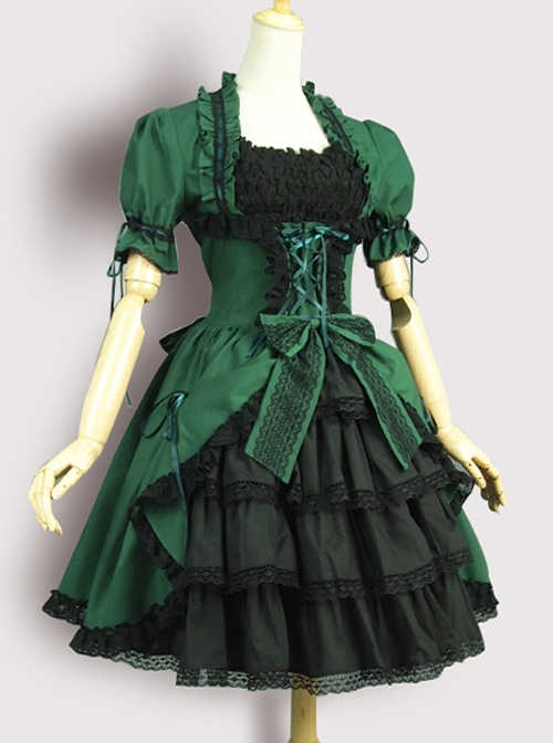 Victorian Retro Green And Black Lace Short Sleeves Classic Lolita Dress  |  Classic Lolita Dresses