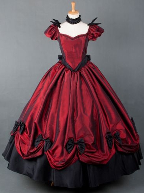 Victorian Retro Wine Red Bowknot Gothic Lolita Prom Long Dress  |  Plus Size Lolita Dresses