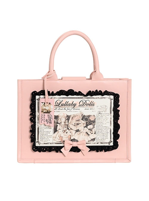 Vintage Black-Pink Contrast Antique Doll Printing Lace Bow Classic Lolita Handbag  |  Lolita Bags