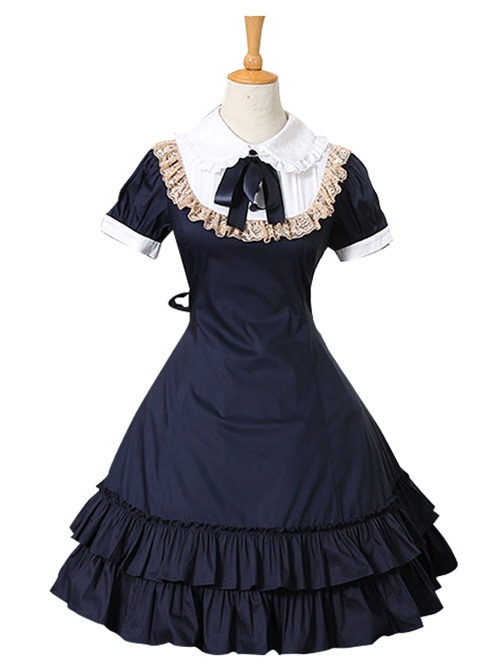 Vintage Dark Blue School Lolita Short Sleeve Dress  |  School Lolita Dresses