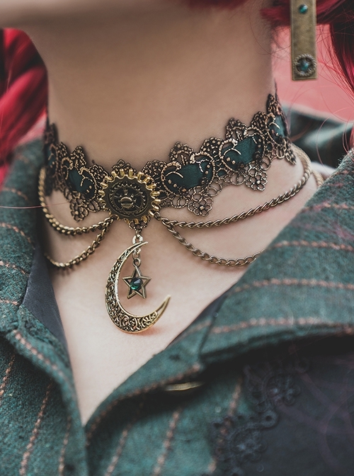 Vintage Fine Metal Hollow Crescent Shape Design Pentagram Metal Gear Decoration Punk Lolita Necklace  |  Lolita Necklaces