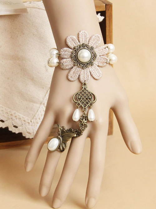 Vintage Flower Pearl Lace Lolita Bracelet And Ring  |  Lolita Wrist Straps