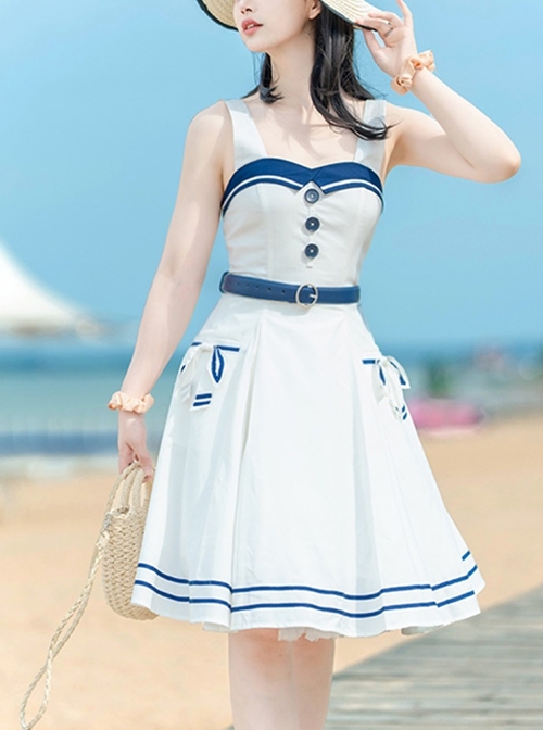 Vintage Navy Style Striped Bow-Knot Lapel Short Sleeve Short Coat Backless Striped Hem Dress Classic Lolita Sleeveless Dress Set  |  Classic Lolita Dresses