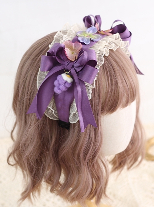 Vintage Pleated Ribbon Bow Knot Decoration Three-Dimensional Grape Folds Lace Classic Lolita Headbands  |  Lolita Headbands