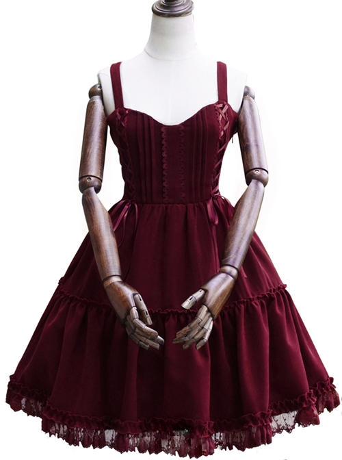 Waltz Series JSK Wine Red Elegant Classic Lolita Sling Dress  |  Classic Lolita Dresses