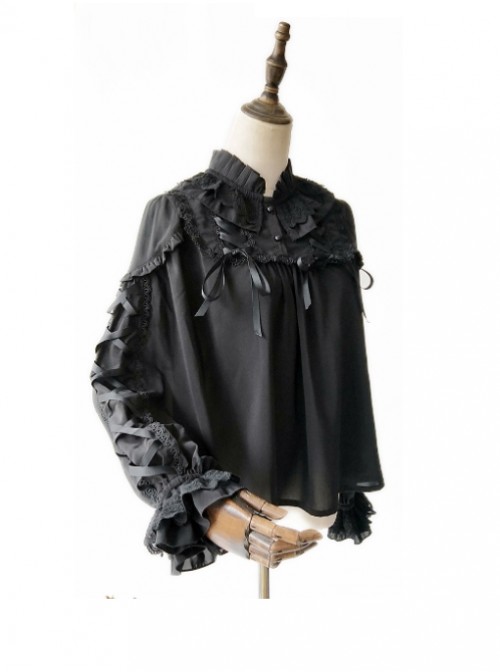 Warm Milk Tea Pure Cotton Black Lace Puff Sleeve Classic Lolita Shirt  |  Plus Size Lolita Blouses