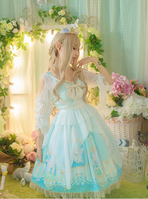 Wathet Printing Bow Tie Dress  |  Sweet Lolita Dresses