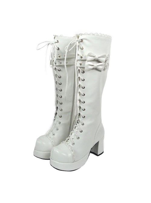 White 3.0″ Heel High Cute PU Round Toe Bow Platform Girls Lolita Boots  |  Lolita Boots