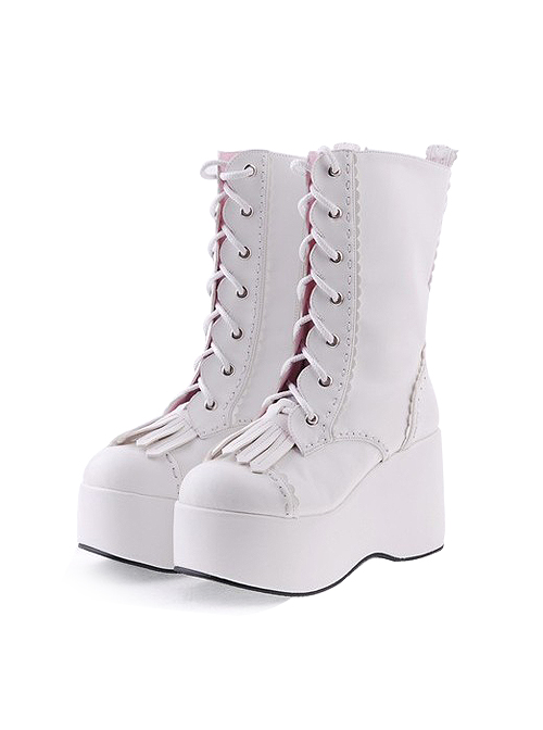 White 3.5″ High Heel Cute Patent Leather Round Toe Mid-calf GirlsLolita Boots  |  Lolita Boots