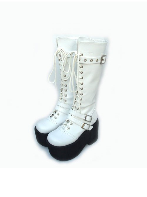 White 3.7″ Heel High Lovely PU Round Toe Cross Straps Platform Girls Lolita Boots  |  Lolita Boots