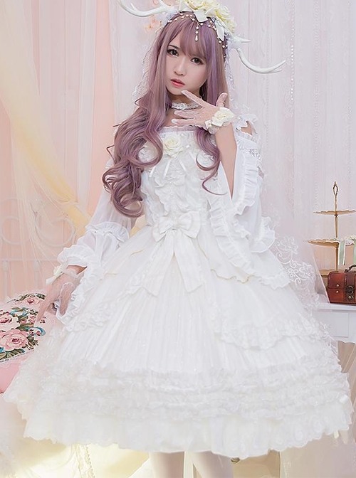 White Bride Chiffon Classic Lolita Sling Dress JSK  |  Plus Size Lolita Dresses