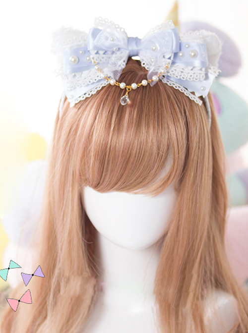 White Cat Ears Pearl Lace Bowknot Bead Chain Sweet Lolita Head Band  |  Lolita Headbands