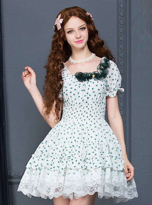 White Chiffon Green Bowknot Printing Sweet Lolita Short Sleeve Dress  |  Sweet Lolita Dresses