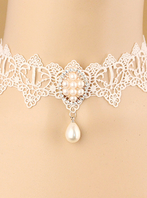 White Classic Lace Pearl Pendant Lolita Necklace  |  Lolita Necklaces