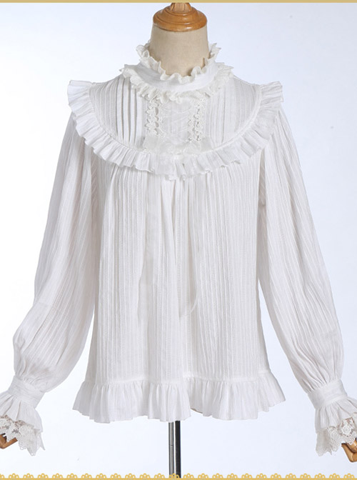 White Cotton Little High Collar Classic Lolita Long Sleeve Shirt  |  Blouses