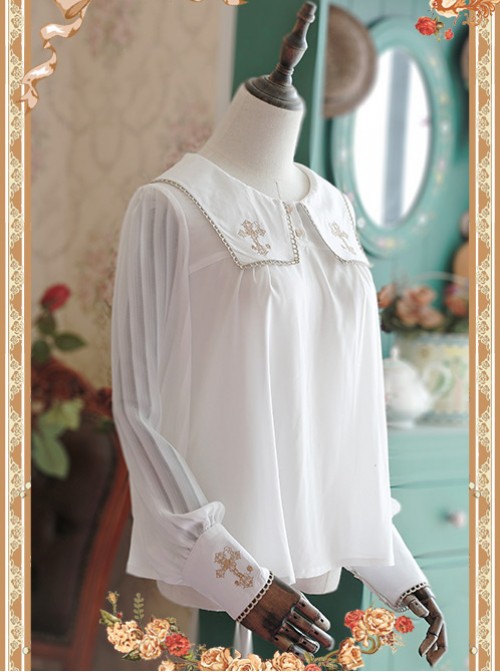 White Crucifix Chiffon Embroidery Square Neckline Lolita Long Sleeve Shirt  |  Blouses