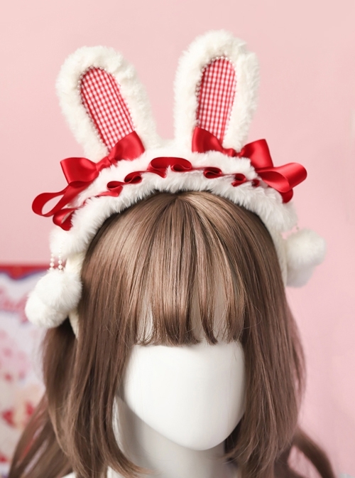 White Cute Plush Rabbit Ears Red Plaid Bowknot Decoration Sweet Lolita Headband  |  Lolita Headbands