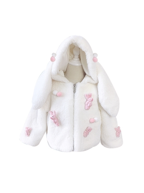 White Eco-Friendly Fur Winter Thickened Warm Rabbit Ears Flowers Cute Sweet Lolita Kids Long-Sleeved Coat  |  Kids Coat