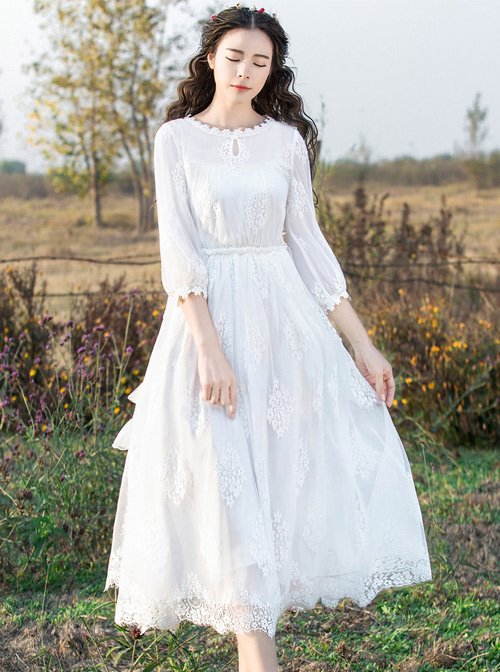 White Embroidery Lace Classic Lolita Long Sleeve Dress  |  Classic Lolita Dresses