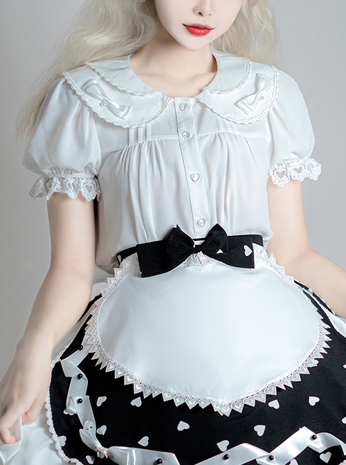 White Everyday Cute Transparent Love Button Puff Sleeve Lace Classic Lolita Short Shirt  |  Blouses