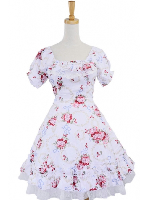 White Floral Classic Square Neck Puff Short Sleeves Cotton Lolita Dress  |  Plus Size Lolita Dresses