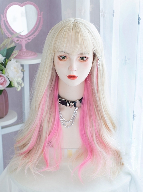 White Golden Pink Hanging Ear Dye Daily Sweet Cool Long Curly Hair Classic Lolita Wig  |  Wigs