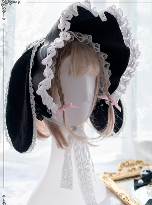 White Lace Black Rabbit Ears Cute Gothic Lolita Bonnet  |  Lolita Headbands