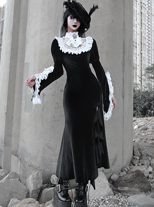 White Lace Black Velour Medieval Gothic Long Style Fishtail Dress  |  Gothic & Punk Dresses