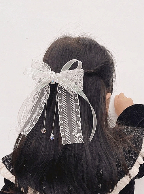 White Lace Bow Ribbon Beads Classic Lolita Kids Hair Clip  |  Kids Headbands