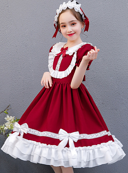 White Lace Doll Collar Wine Red Pure Color Children Lolita Short Sleeve Dress  |  Kids Dresses