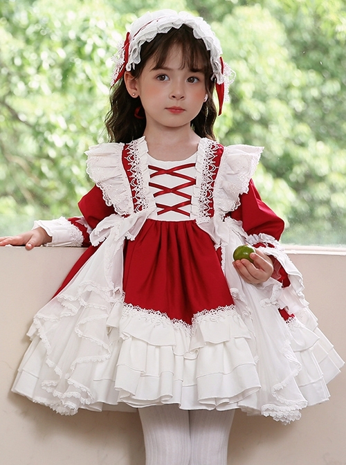 White Lace Gorgeous Palace Princess Dress Stitching Lantern Sleeves Spring Autumn Wine Red Classic Lolita Kids Long-Sleeved Dress  |  Kids Dresses