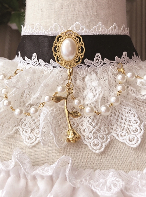 White Lace Gorgeous Rose Bead Chain Detachable Classic Lolita Frenulum Necklace  |  Lolita Necklaces