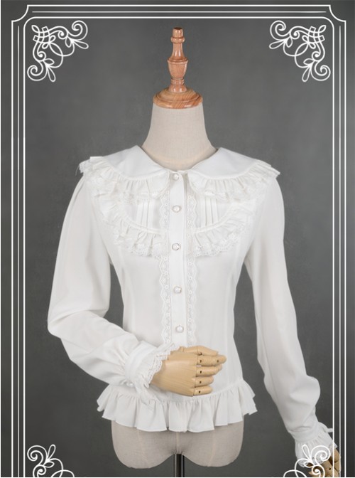 White Lace Lapel Chiffon Long-sleeved Lolita Blouse  |  Blouses