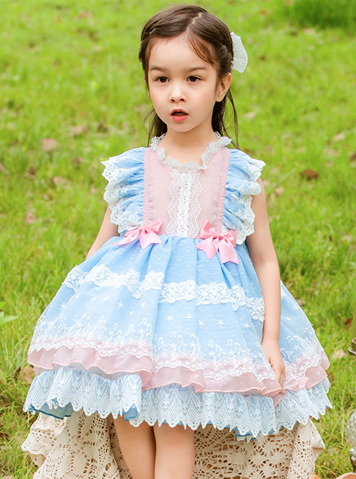 White Lace Pink Bowknot Light Blue Kids Sweet Lolita Sleeveless Dress  |  Kids Dresses