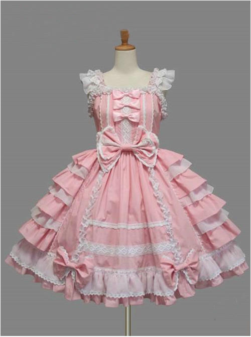 White Lace Pink Bowknot Sweet Lolita Sling Dress  |  Sweet Lolita Dresses