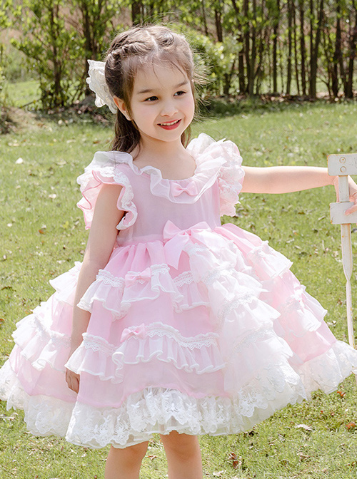 White Lace Pink Pure Color Children Sweet Lolita Sleeveless Cake Dress  |  Kids Dresses