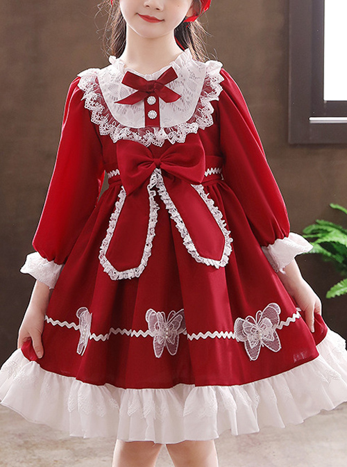 White Lace Pure Color Big Bowknot Children Sweet Lolita Kids Long Sleeve Dress  |  Kids Dresses