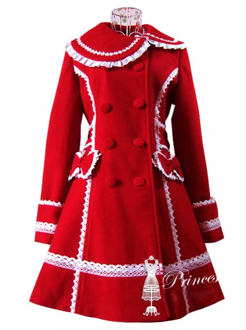 White Lace Red Woolen Sweet Lolita Coat  |  Coat & Jacket