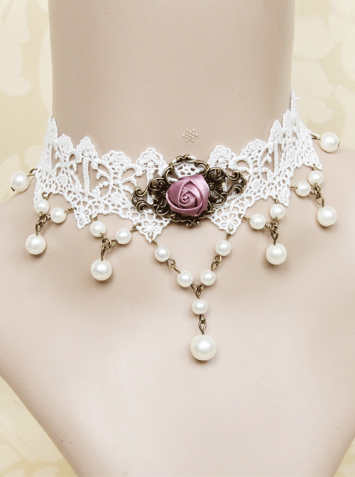 White Lace Retro Rose Pearls Lolita Necklace  |  Lolita Necklaces